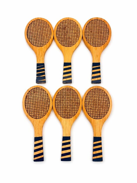 None Other - Coaster Set Cork and Wood Tennis Rackets Set 6 Unique Barware Vintage Gifts Serv